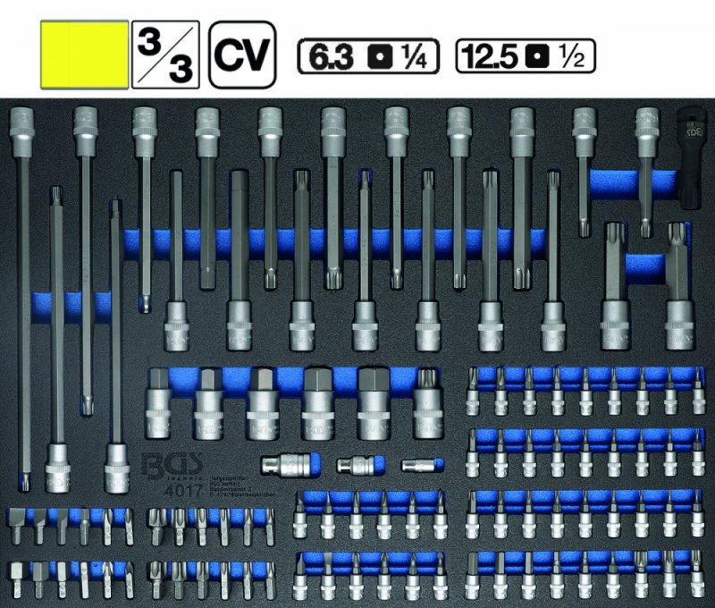 Organizator pentru carucior BGS, varfuri si chei cu varf, 104 piese, 3/3 sertar