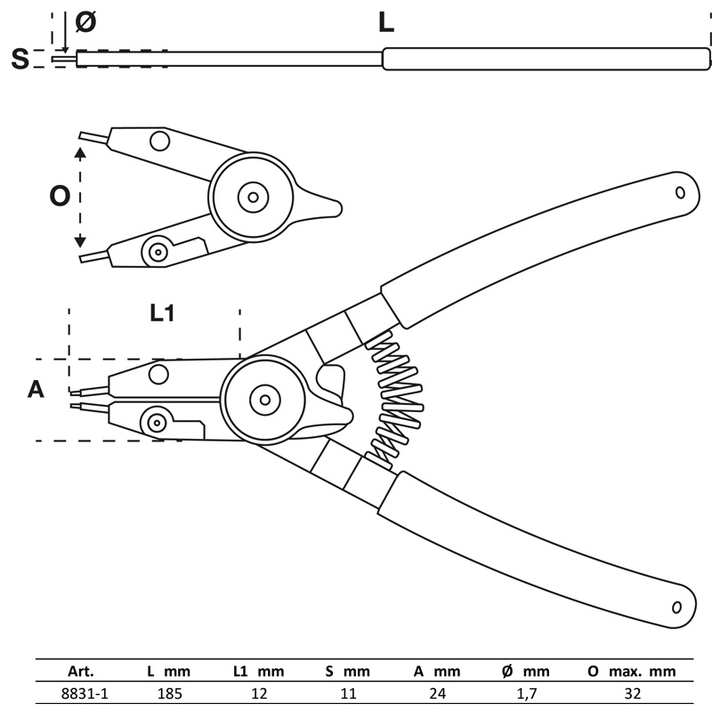 Cleste pentru inele de sigurante interioare/exterioare, 4 tipuri varfuri interschimbabile, 180 mm, BGS