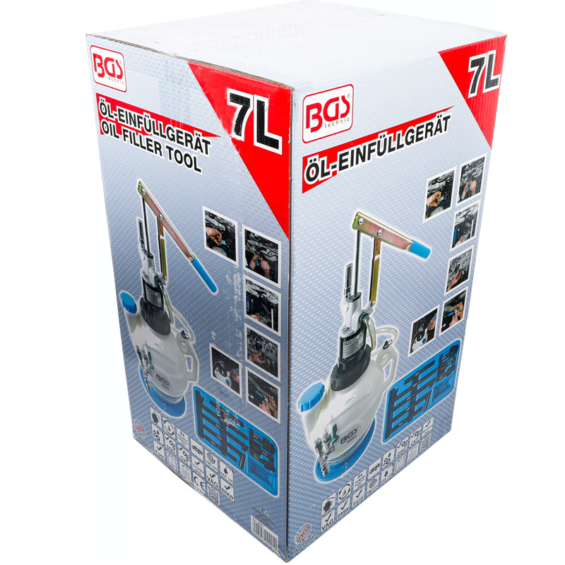 Pompa umplere ulei transmisie, cu sistem de retur, cu 8 adaptoare, 7 l, BGS Pompa umplere ulei transmisie, cu sistem de retur, cu 8 adaptoare, 7 l, BGS