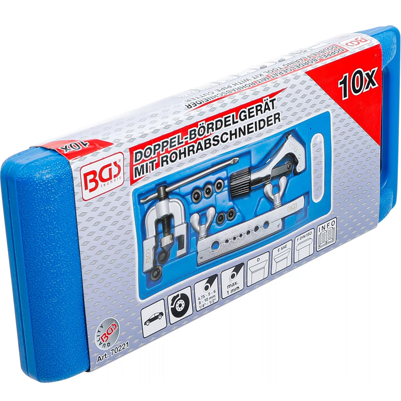 Presa profesionala de bercluit conducte de frana cu taietor, dubla, 10 piese BGS 70221 (4.75 – 10 mm)