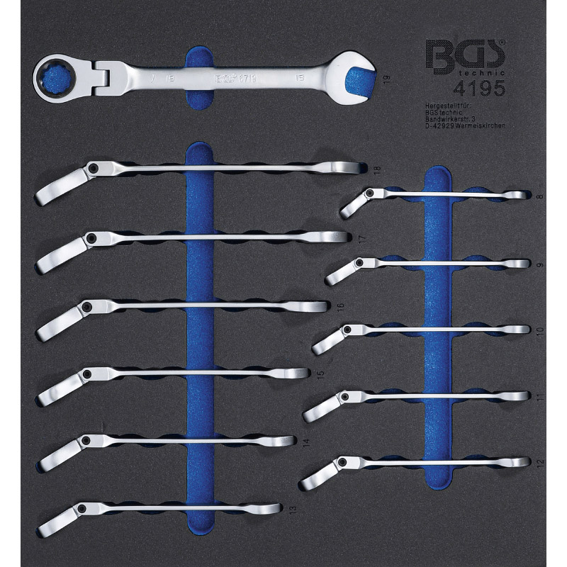 Organizator pentru carucior BGS, 12 chei combinate (fixe inelare cu clichet articulate) 8-19 mm,  2/3 sertar