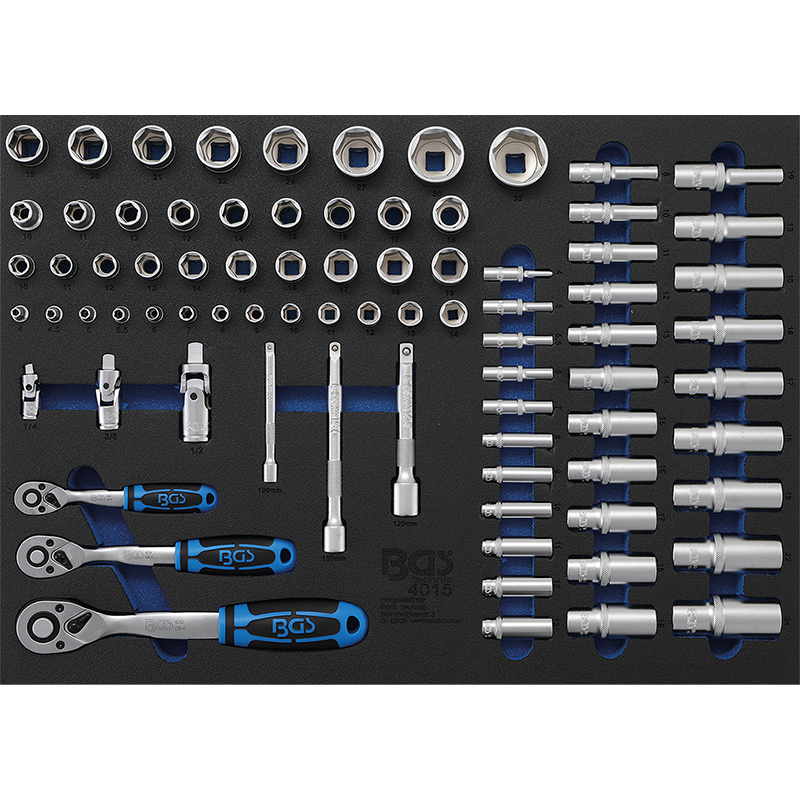 Organizator pentru carucior BGS, 80 chei cu clichet, tubulare, adaptoare, 3/3 sertar